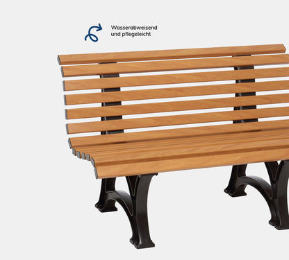 Amrum 2  Sitzer – Bank aus hochwertigem Kunststoff in holzoptik mit Rückenlehne, platziert auf einem neutralgrauen Hintergrund